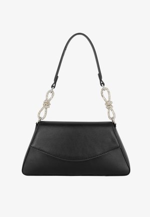 Sac à main en cuir noir avec une poignée courte agrémentée de deux nœuds décoratifs argentés de chaque côté.