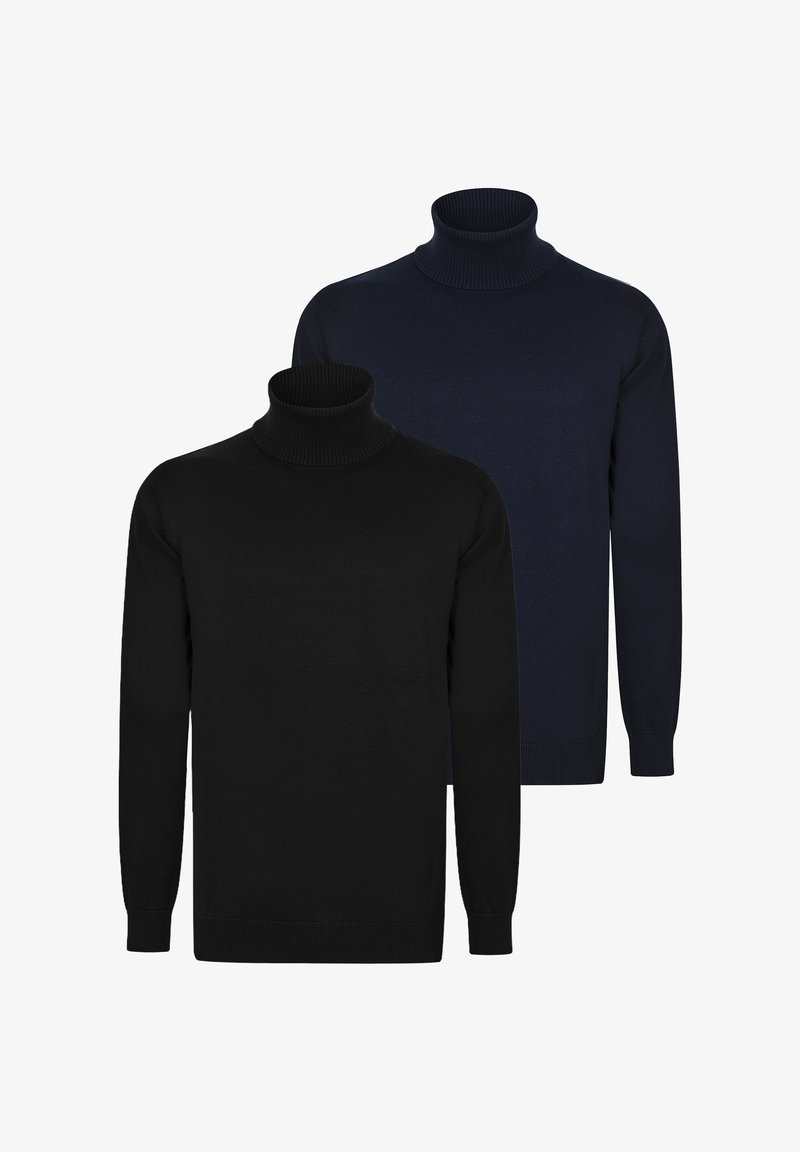 Zwei Rollkragenpullover: einer schwarz und einer dunkelblau. Hergestellt aus Strickstoff, mit langen Ärmeln und geripptem Kragen und Bündchen.