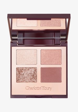 Palette de fards à paupières compacte avec quatre teintes : deux roses clairs scintillants, un rose doré pailleté et un mauve mat, dans un boîtier miroir.