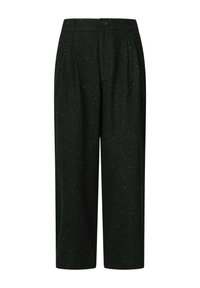 Pantaloni neri con texture a macchie, design a gamba larga, pieghe frontali e chiusura con un solo bottone.