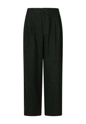 Zwarte broek met een gespikkeld textuur, wijde pijpen, geplooide voorkant en een enkele knoopsluiting.