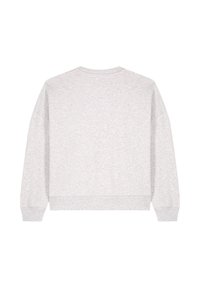 Grauer Pullover mit Rundhalsausschnitt, überschnittenen Schultern und gerippten Bündchen. Weicher, strukturierter Stoff mit lockerer Passform und ohne sichtbare Logos oder Verzierungen.