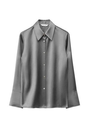 Gray satin long-sleeve shirt with a pointed collar, button closure, and flared cuff details. Smooth texture with a subtle sheen.