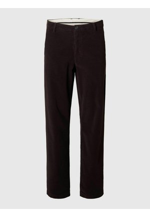 Pantalon noir droit avec fermeture par bouton et zip, passants pour ceinture et ceinture intérieure blanche visible, présenté sur fond uni.