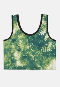 Zaļš kultūras tank top ar tropu lapu rakstu, melna apdare ap rokām un kaklu, kā arī neliels logos augšējā stūrī.