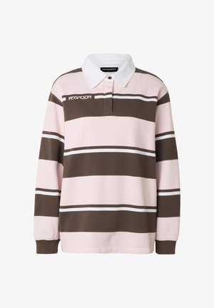 Koszulka rugby z długim rękawem w różowo-brązowe poziome paski, biały kołnierz, listwa z guzikami oraz logo "PEGADOR" na piersi.