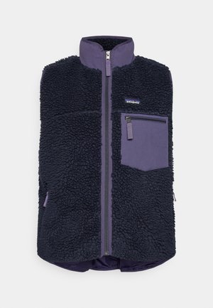 Navy blue fleece vest with high collar, front zipper, and purple zippered chest pocket, Patagonia logo on upper chest.