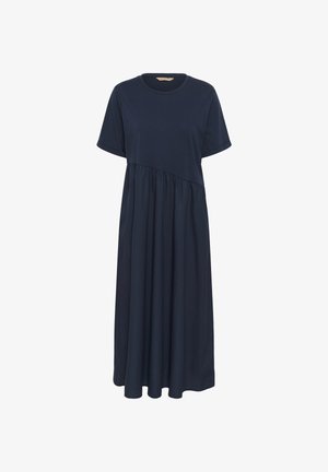 Laivastonsininen lyhythihainen midimekko, jossa on pyöreä pääntie ja epäsymmetrinen rypytetty vyötärön yksityiskohta.