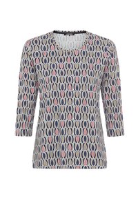 Langärmliges Oberteil mit einem kreisförmigen Muster in Marineblau, Pink und Cremefarben auf einem weichen Stoff. Runder Ausschnitt und lässige Passform.