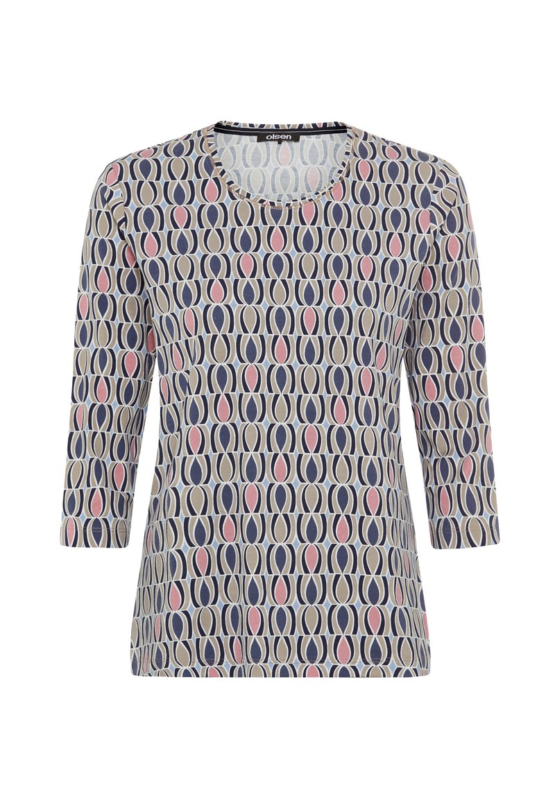 Langärmliges Oberteil mit einem kreisförmigen Muster in Marineblau, Pink und Cremefarben auf einem weichen Stoff. Runder Ausschnitt und lässige Passform.
