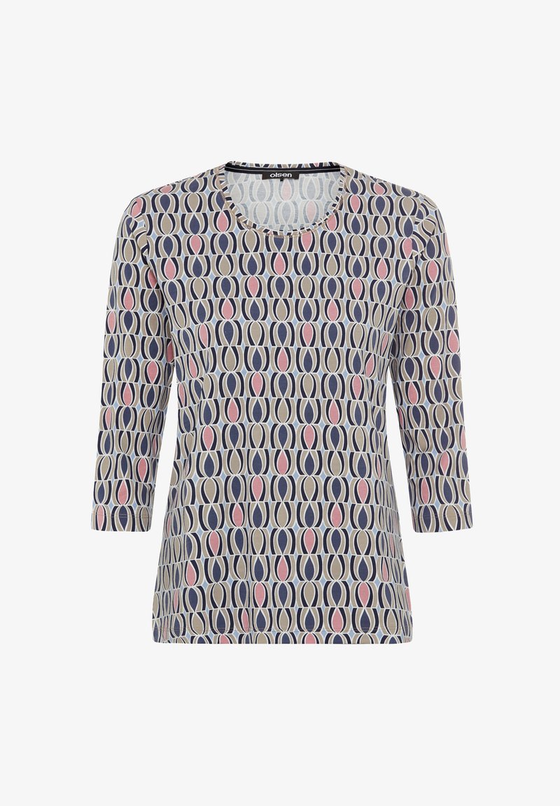 Langärmliges Oberteil mit einem kreisförmigen Muster in Marineblau, Pink und Cremefarben auf einem weichen Stoff. Runder Ausschnitt und lässige Passform.