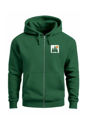 Dark green zip-up hoodie made of soft material, featuring a front pocket and a printed white square logo with trees and a sun.