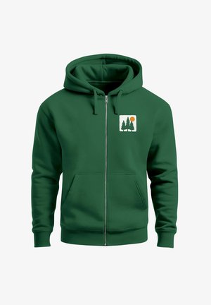 Dark green zip-up hoodie made of soft material, featuring a front pocket and a printed white square logo with trees and a sun.