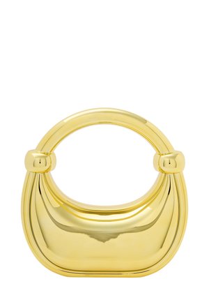 Gouden metallic handtas met een gladde, gebogen vorm en een ronde handgreep. Beschikt over een gepolijste afwerking en naadloze accenten.