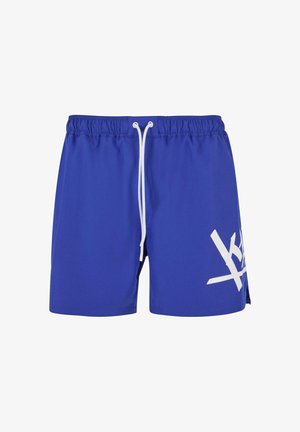 Modré plavky s jednobarevným designem, elastickým pasem, bílou stahovací šňůrkou a charakteristickým bílým logem na boku.