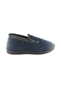Zapatilla de hombre azul sin cordones con tejido texturizado, forro interior gris y suela oscura, mostrada en perfil lateral sobre fondo blanco.