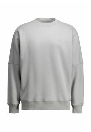 Hanorac gri deschis din material amestec de bumbac, cu guler rotund, manșete rib și un mic logo text pe față.