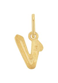 Ciondolo d'oro a forma di V con finitura liscia e texture. Presenta un piccolo anello per il sospensione e marcature incise per autenticità.