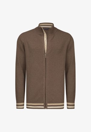 Brauner strukturierter Cardigan mit hohem Kragen, vollem Frontreißverschluss und kontrastierenden gestreiften Bündchen. Hergestellt aus einem weichen, gestrickten Material.