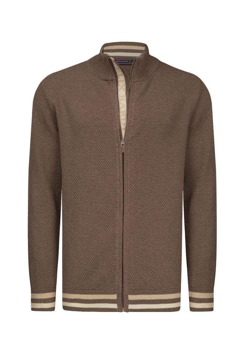 Cardigan marrone con texture, colletto alto, zip frontale intera e polsini a righe a contrasto. Realizzato in un morbido materiale lavorato a maglia.