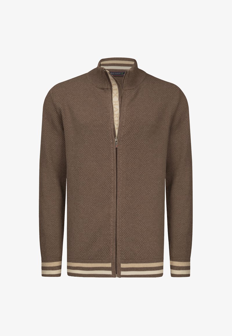 Brun texturerad cardigan med hög krage, full dragkedja fram och kontrasterande randiga ärmslut. Tillverkad av ett mjukt, stickat material.