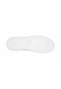 Suela de zapato de goma blanca con un patrón de zigzag para tracción, junto con indentaciones circulares a ambos lados para un agarre adicional.