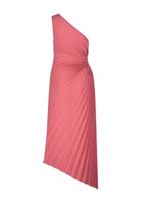 Vestido asimétrico de un solo hombro en tejido texturizado rosa con pliegues, que presenta un detalle torsionado en la cintura y un acabado brillante.