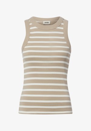 Ärmelloses, beige-weiß horizontal gestreiftes, geripptes Stricktop mit rundem Halsausschnitt und Drykorn Markenetikett innen im Kragen.