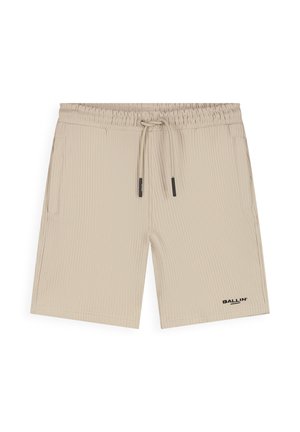 Beige geribbelde gebreide shorts met elastische tailleband, trekkoordsluiting, zijzakken en "BALLIN'" logo op het linkerbeen.