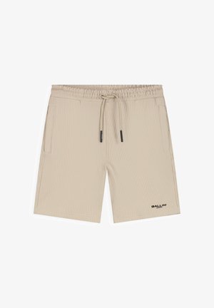 Beige geribbelde gebreide shorts met elastische tailleband, trekkoordsluiting, zijzakken en "BALLIN'" logo op het linkerbeen.