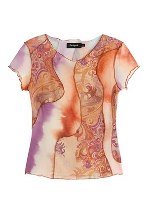Short-sleeve Desigual blouse with abstract orange, purple, and beige patterns and a round neckline, size medium.