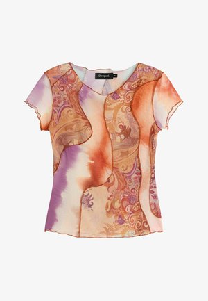 Blusa Desigual de manga corta con patrones abstractos en naranja, púrpura y beige, y escote redondo, talla mediana.