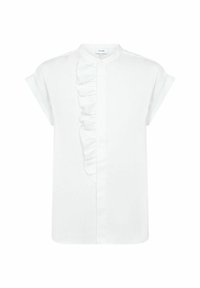 Blusa bianca a maniche corte con colletto alla cinese, caratterizzata da un dettaglio di ruches verticali sul davanti e una texture di tessuto liscia.