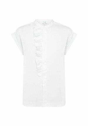Bluză albă cu mâneci scurte și guler mandarin, cu un detaliu de volan vertical pe față și o textură de material neted.