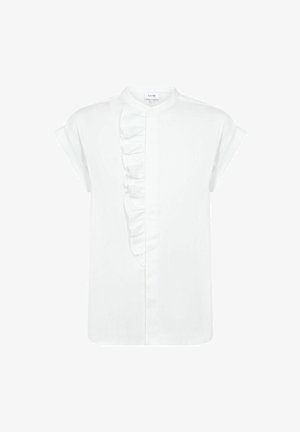 Bluză albă cu mâneci scurte și guler mandarin, cu un detaliu de volan vertical pe față și o textură de material neted.