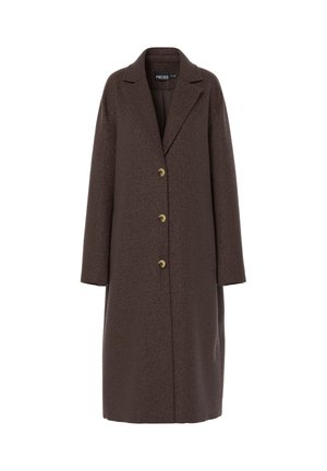 Brun uldblandingsfrakke med et struktureret design, notch-lapel og tre knapper i gyldent tone. Har lange ærmer og en midt-længde skæring.