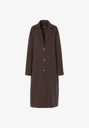 Ruda vilnos mišinio paltas su struktūrizuotu dizainu, įpjovomis apykaklėmis ir trimis auksinės spalvos sagomis. Turi ilgus rankoves ir vidutinio ilgio kirpimą.