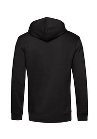 Felpa nera con cappuccio e maniche lunghe, realizzata in tessuto morbido. Presenta una tasca a marsupio e polsini e bordo a coste. Nessun logo o motivo visibile.