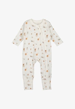 Weißer Baumwoll-Babyoner mit langen Ärmeln und einem Frontreißverschluss, versehen mit einem Muster aus Meeresbewohnern in Hellbraun und Orange.