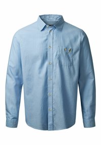 Himmelblaues langärmeliges Hemd mit Button-Down-Kragen, Tasche auf der linken Brust und beigen Knöpfen, aus einem glatten Stoff gefertigt.
