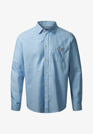 Camicia azzurra chiaro a maniche lunghe con colletto button-down, tasca sul lato sinistro del petto e bottoni color sabbia, realizzata in un tessuto liscio.