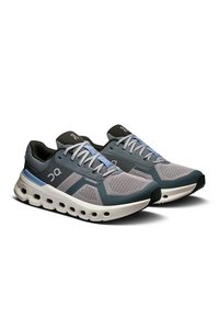 Leichte Sportschuhe mit einem oberen Teil aus Mesh in Grau- und Blautönen. Sie verfügen über eine gepolsterte Sohle mit hohlen Ausschnitten und Schnürsenkeln für einen sicheren Sitz.
