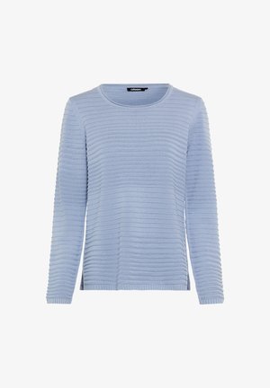 Helle blaue Strickjacke mit rundem Ausschnitt, langen Ärmeln, strukturierten horizontalen Streifen sowie gerippten Bündchen und Saum.