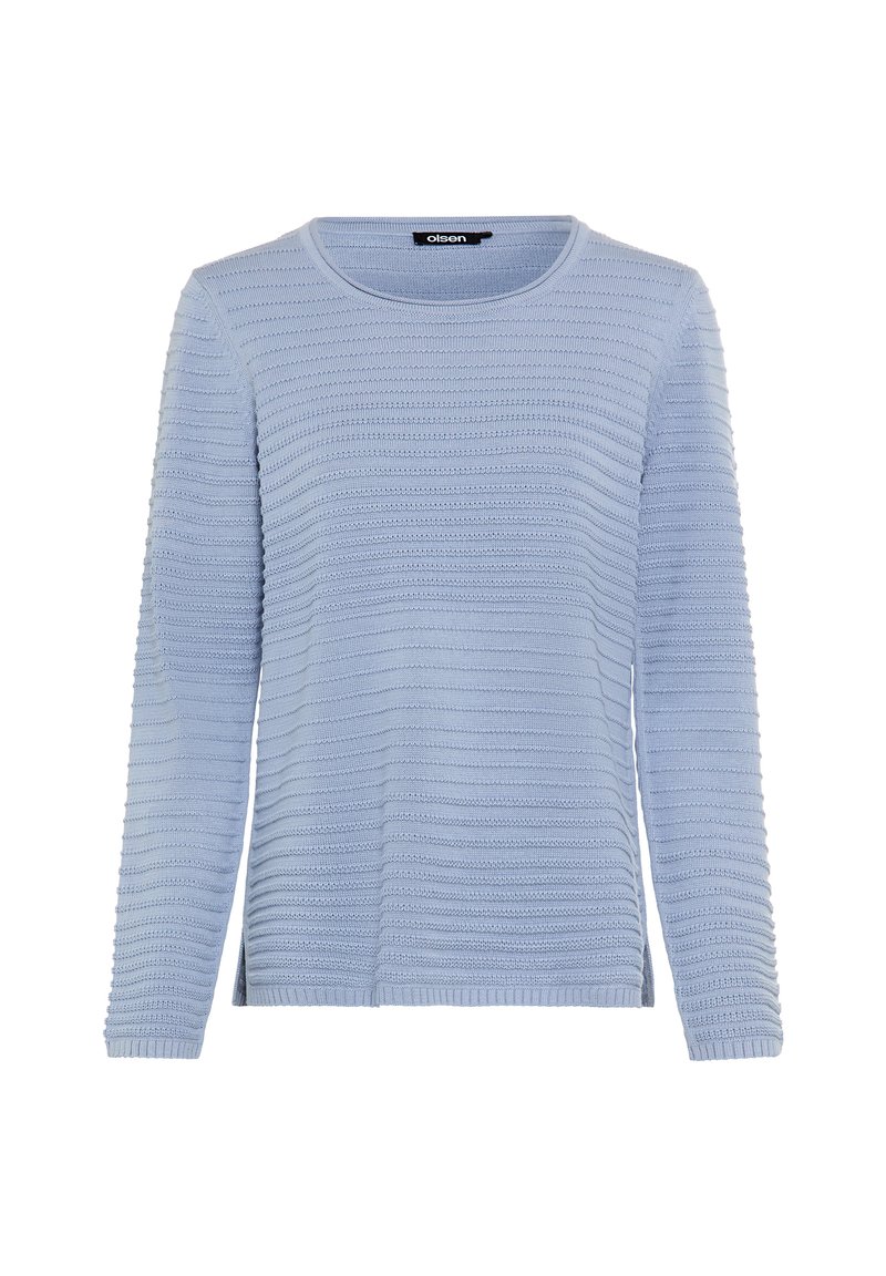 Helle blaue Strickjacke mit rundem Ausschnitt, langen Ärmeln, strukturierten horizontalen Streifen sowie gerippten Bündchen und Saum.