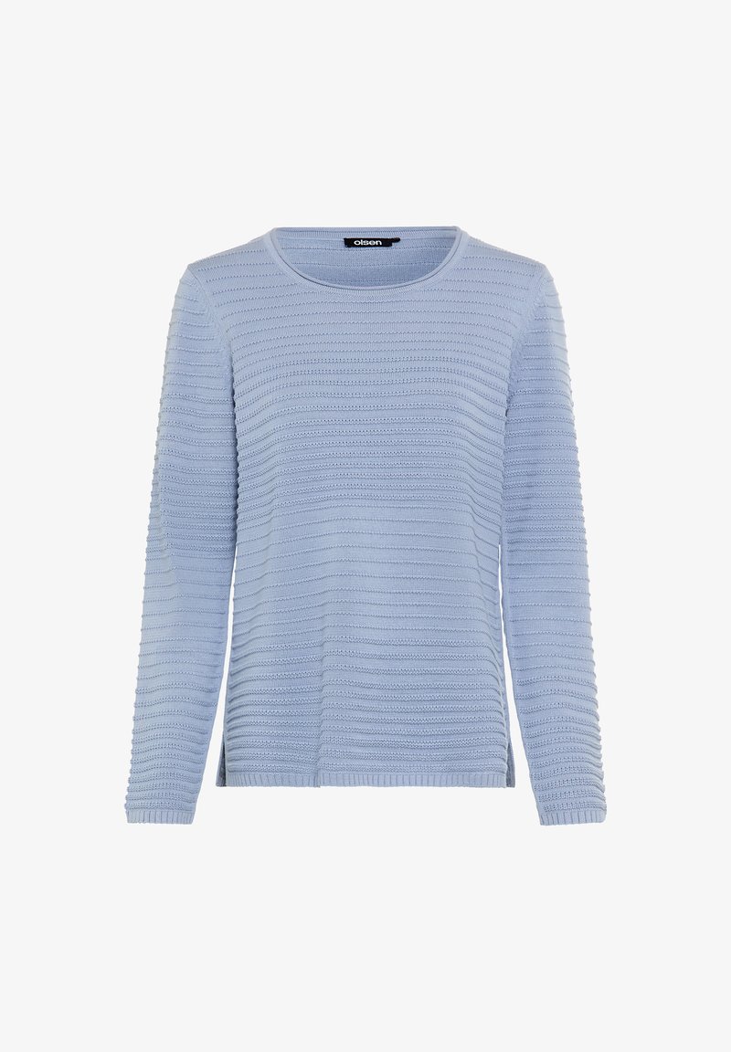 Helle blaue Strickjacke mit rundem Ausschnitt, langen Ärmeln, strukturierten horizontalen Streifen sowie gerippten Bündchen und Saum.