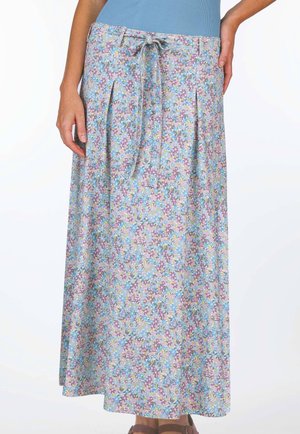 Maxikleid im floralen Muster mit blauen, lila und grünen Farbtönen. Leichter Stoff mit einem Bindeband in der Taille und Faltendetails.