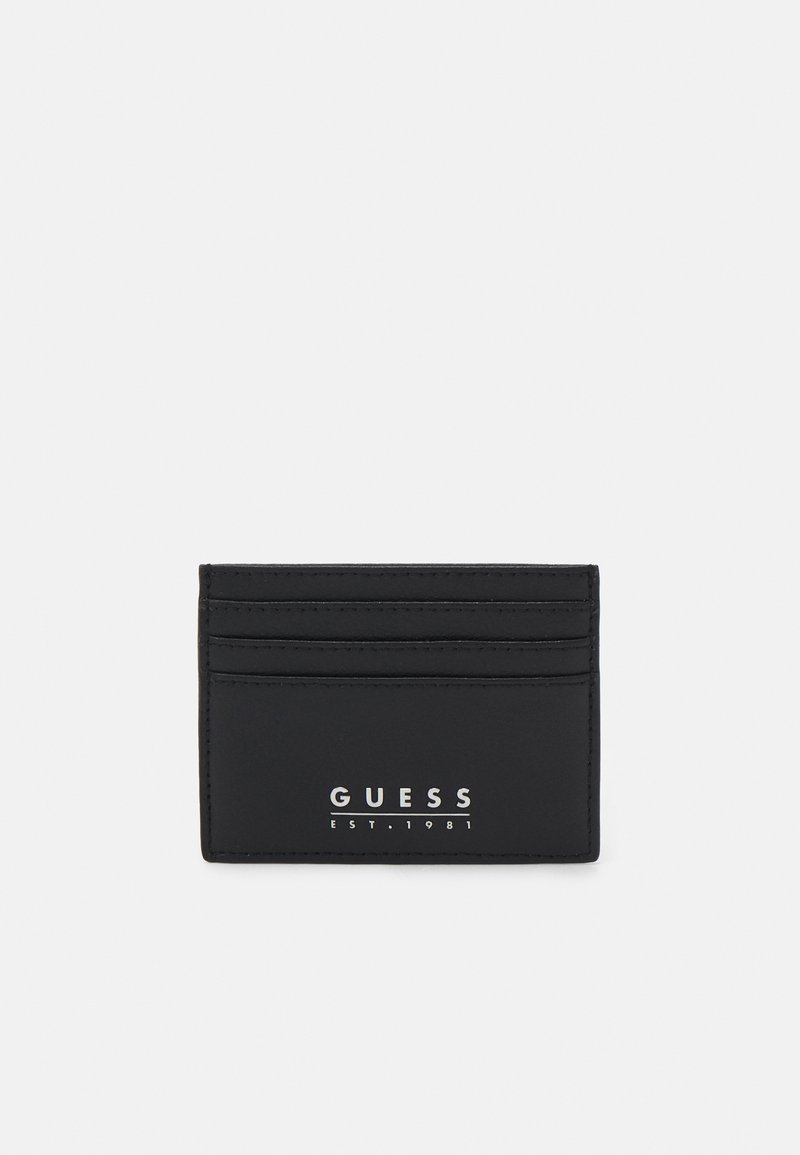 Portafoglio nero in pelle, con cinque slot, logo impresso e trama liscia. Design minimalista con una finitura elegante.