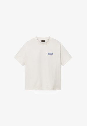 Biała bawełniana koszulka z krótkimi rękawami, z małym niebieskim logo "NAPAPIJRI" oraz napisem "Make Your Mark" na przodzie.