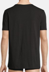 Black short-sleeve t-shirt, made from smooth fabric, featuring a round neckline and a relaxed fit, with no visible logos or accents.