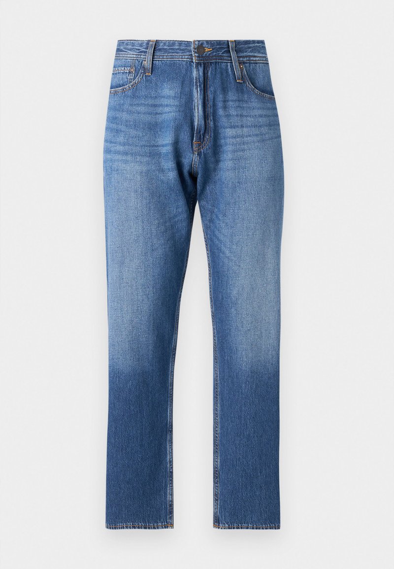 Blaue Jeans aus Denim mit einem allmählichen Aufhellungseffekt Richtung Saum, gerades Bein Design, fünf Taschen und Metallknopfverschluss.